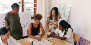 a group of 5 women sitting around a desk